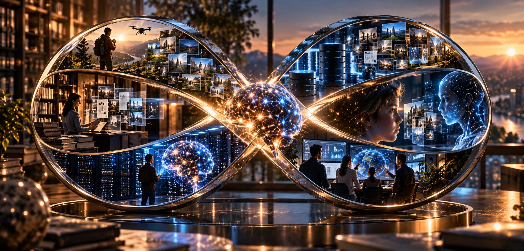 A glass infinity loop on a desk at sunset. The left turn shows a person photographing the world, a person curating documents among books, and a data centre training a network; the right turn shows stored knowledge, a question answered from retrieved context, and a team at work. A glowing brain sits at the crossing.